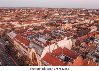 Aerial Drone Shot Of Bubble Bar Terrace On Rooftop Of Budapest Building In Sunset