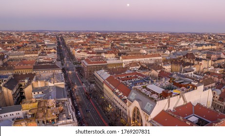 Aerial Drone Shot Of Bubble Bar Terrace On Rooftop Of Budapest Building In Sunset