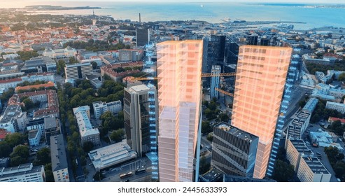 Aerial Drone Shot of Building Construction Finished with VFX: City Real Estate Development Site Transforms with Hight-Tech 3D Graphics Big Data Analytics. Visualization Urban Design Progress
