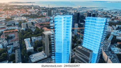 Aerial Drone Shot of Building Construction Finished with VFX: City Real Estate Development Site Transforms with Analytical 3D Graphics Project. Visualization, Digitalization of Urban Design. - Powered by Shutterstock