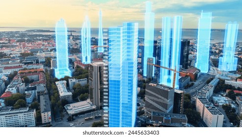 Aerial Drone Shot of Building Construction Finished with VFX: City Real Estate Development Site Transforms with Analytical 3D Graphics Project. Visualization, Digitalization of Urban Design Progress - Powered by Shutterstock