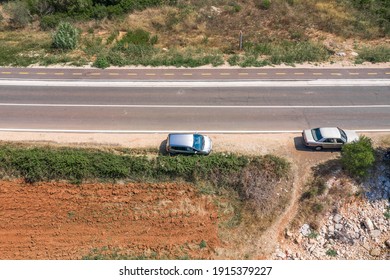 Aerial Drone Shot Of Car Off Road Stuck At Adriatic Coastline Near Galesnjak In Dalmatia Croatia