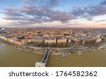 Aerial drone shot of chain bridge St. Stephen Basilica by danube river in Budapest sunset