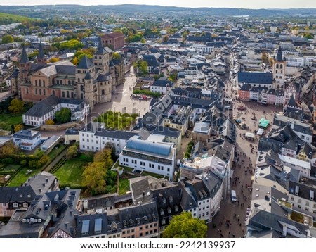 Aerial Drone Shot of the City Center in Trier, Rheinland-Pfalz. Autumn day in Famous German city ストックフォト © 