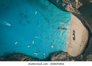 Aerial Drone Shot of the famous Shipwreck Bay in Zakynthos, Greece