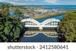 An aerial drone shot of the Haleiwa Bridge in Downtown Haleiwa on the North Shore of Oahu, Hawaii