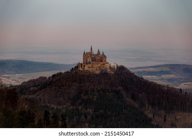 An Aerial Drone Shot Of The Hohenzollern Castle, An Ancestral Seat Of  The Imperial House In Germany