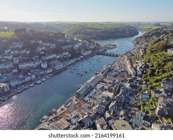 Aerial drone shot of Looe, picturesque seaside village in Cornwall, South west England, United Kingdom.