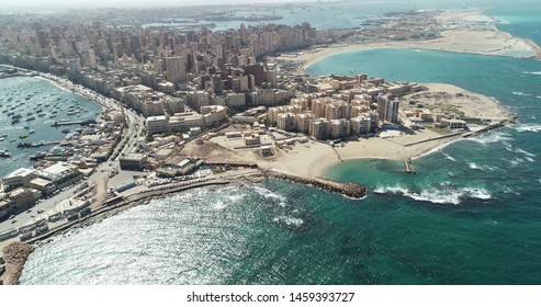 Aerial Drone Shot Over Egypt Alexandria City Sea