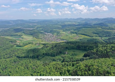 aerial drone shot panorama view of swiss village of Ziefen.