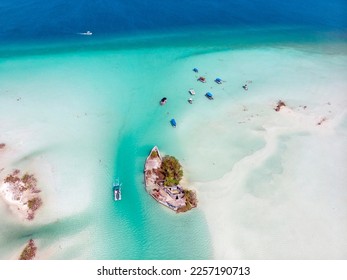 Aerial Drone Shot of the Pirate Channel of Bacalar Quintana roo, Mexico. Shipwreck island in Lagoon of seven colors - Shutterstock ID 2257190713