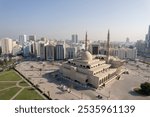 Aerial Drone shot of Sharjah city showing the beauty of Sharjah mosque