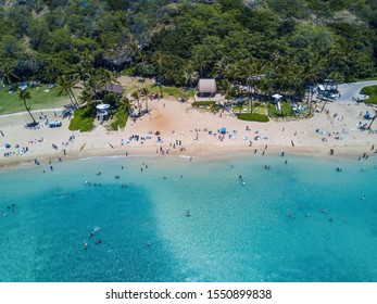 Aerial Drone Shot View Of Beach In Hanauma Bay Nature Reserve In Hawaii