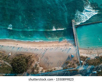 Aerial Drone Shot View Of Waikiki Beach In Honolulu In Hawaii In Summer Time