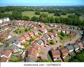 Aerial Drone Sunrise View Of Suburban Houses In Edinburgh, Scotland, UK