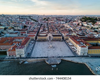 Aerial Drone Sunset Photo Of The Comercio Square (Praça Do Comércio) Of Lisbon, Portugal.  The Central Plaza Of The City