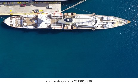 Aerial drone top down photo of renovated "Christine O", famous yacht owned by tycoon Aristotle Onassis anchored in port - Shutterstock ID 2219917529