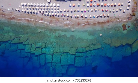 Aerial Drone Top Down Photo Of Rodos Island Town Elli Beach A Popular Summer Tourist Destination, Dodecanese, Aegean, Greece