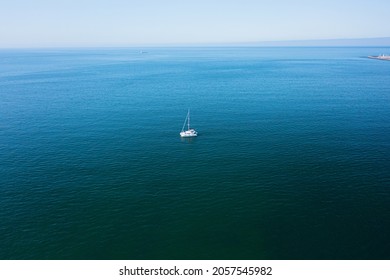 Aerial Drone Top Down Ultra Wide Photo Of Inflatable Power Rib Boat Making A Relax Tour.