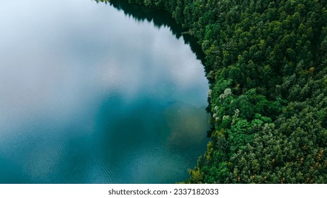 Aerial drone top down view of lake among forest, Nordrhein westfalen, Germany in summer day.