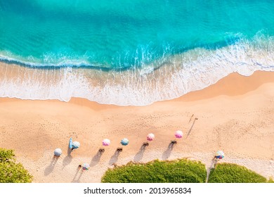 Aerial Drone Top View Crowd Of Happy People Relax At Tropical Beach With Sunset In Phuket, Thailand, Beautiful Phuket Beach Is Famous Tourist Destination At Andaman Sea. Holiday Summer Concept