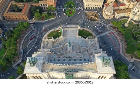 Aerial drone top view photo of iconic masterpiece monument in Venice square called Altar of the Fatherland, Rome historic centre, Italy