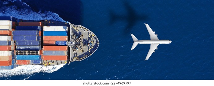 Aerial drone ultra wide concept photo of container terminal and plane flying above indicating popular cargo means of transport