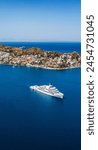 Aerial drone ultra wide panoramic photo of beautiful modern super yacht at deep blue open ocean sea