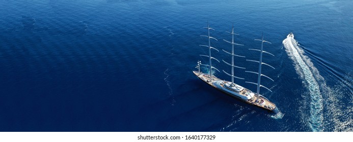 Aerial Drone Ultra Wide Photo Of Super Sailing Yacht In Monaco With Deep Blue Sea, French Riviera