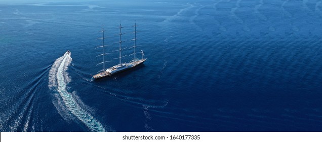 Aerial Drone Ultra Wide Photo Of Super Sailing Yacht In Monaco With Deep Blue Sea, French Riviera