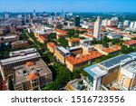 Aerial drone view above Austin Texas UT area with tower and skyline cityscape