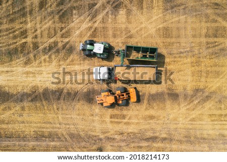 Aerial drone view from above: overloading grain from combine harvesters into grain truck in field. Harvester unloder pouring wheat into box body. Farmers at work.