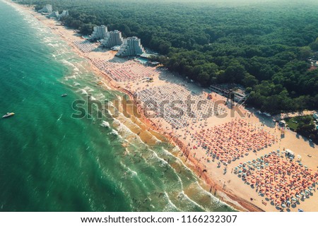 Aerial drone view of Albena sandy beach resort, Bulgaria. Summer tourism. 