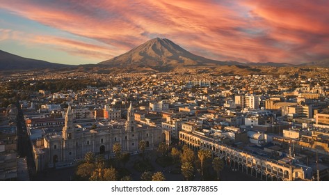 Aerial drone view of Arequipa main square and cathedral church, with the Misti volcano at sunset. Arequipa, Peru. - Shutterstock ID 2187878855