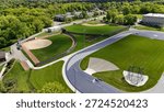 Aerial Drone view of Athletic Complex.  Baseball and Track Field.  Sunny Day in Appleton Wisconsin USA.