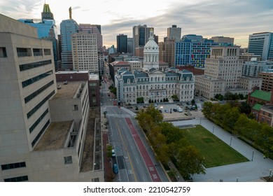 Aerial Drone View Of Baltimore City Hall