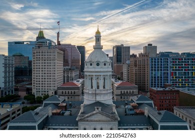 Aerial Drone View Of Baltimore City Hall