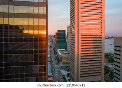 Aerial Drone View Of Baltimore City Skyline At Sunset