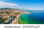 Aerial drone view of beach and sea in Kavala city, Greece, Europe