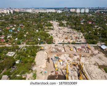 Aerial Drone View. Bridge Construction Site In Kiev.