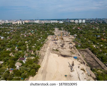 Aerial Drone View. Bridge Construction Site In Kiev.