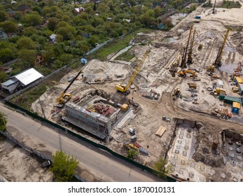 Aerial Drone View. Bridge Construction Site In Kiev.