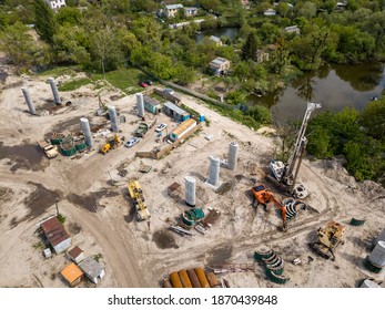 Aerial Drone View. Bridge Construction Site In Kiev.