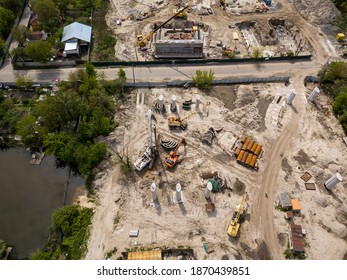 Aerial Drone View. Bridge Construction Site In Kiev.