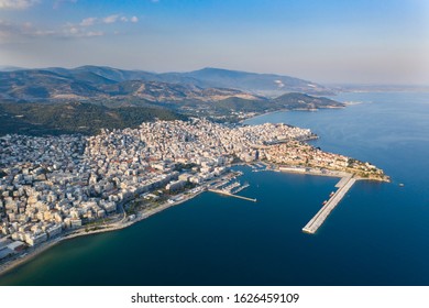 Aerial, drone view of the city of Kavala in northern Greece.