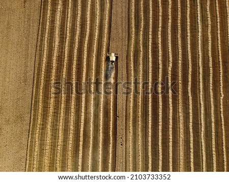 Similar – Image, Stock Photo Combine harvester harvests grain field in the evening light from the air