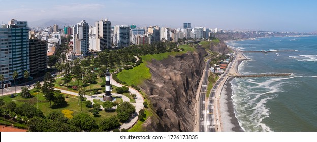 Aerial drone view of the Costa Verde, the cliff and the Miraflores pier in  Lima city at lockdown on coronavirus pandemic in 2020, in Peru.