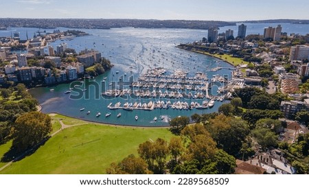 Aerial drone view of Darling Point and Rushcutters Bay in East Sydney, NSW Australia on a sunny day