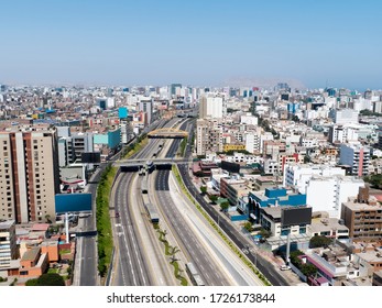 Aerial Drone View Of The Empty Highway Of Lima City At Lockdown At Coronavirus Pandemic In 2020, In Peru.