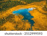 Aerial drone view of fall autumn colors forest by blue lake in rural Finland, Lapland.